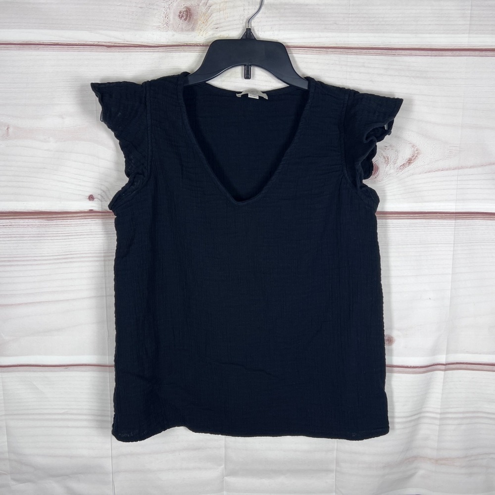 Loft Outlet Blouse Women Medium Black V-Neck Flutter Sleeve Cotton Gauze Solid